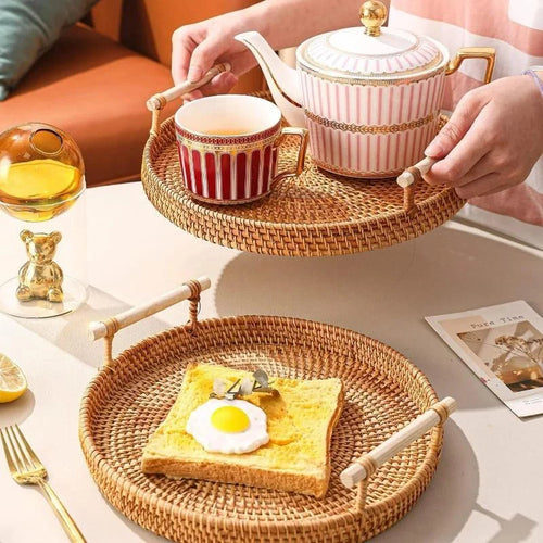 Bandeja Decorativa Redonda de Vime em Rattan Feita a Mão - Loja Sem Barreiras