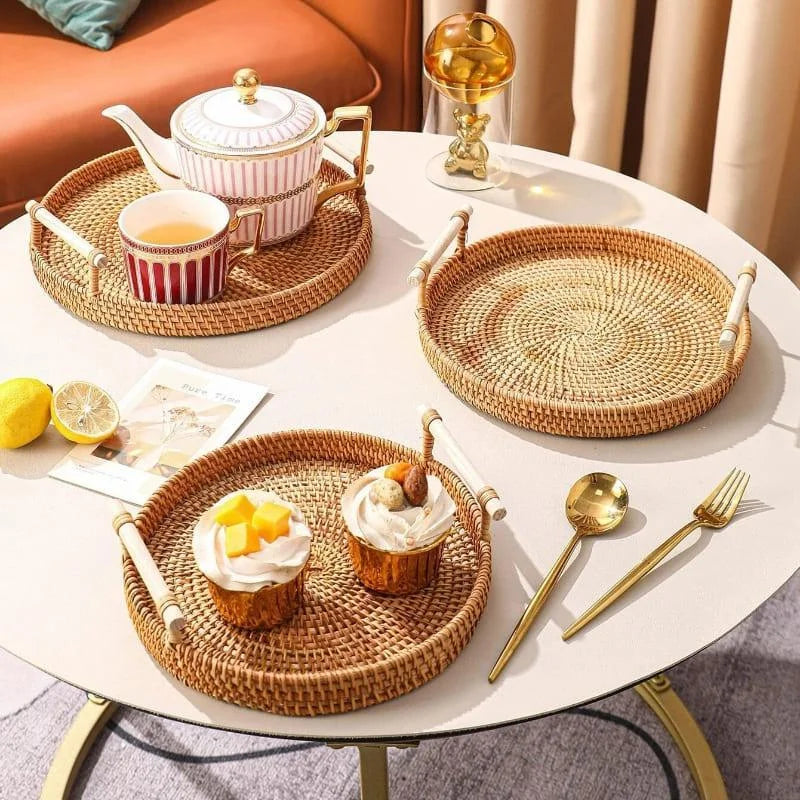 Bandeja Decorativa Redonda de Vime em Rattan Feita a Mão - Loja Sem Barreiras