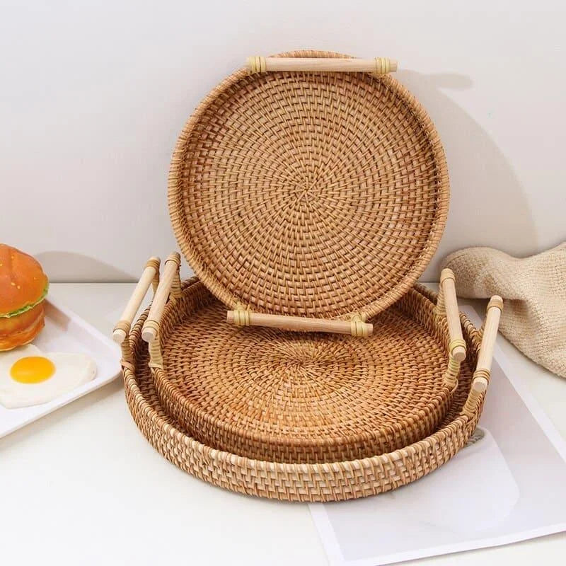 Bandeja Decorativa Redonda de Vime em Rattan Feita a Mão - Loja Sem Barreiras