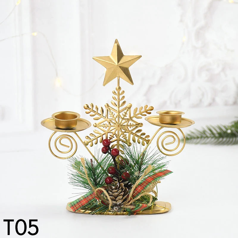 Castiçal de Vela em Ferro Dourado com Figurinos Decorativos Decoração de Natal - Loja Sem Barreiras