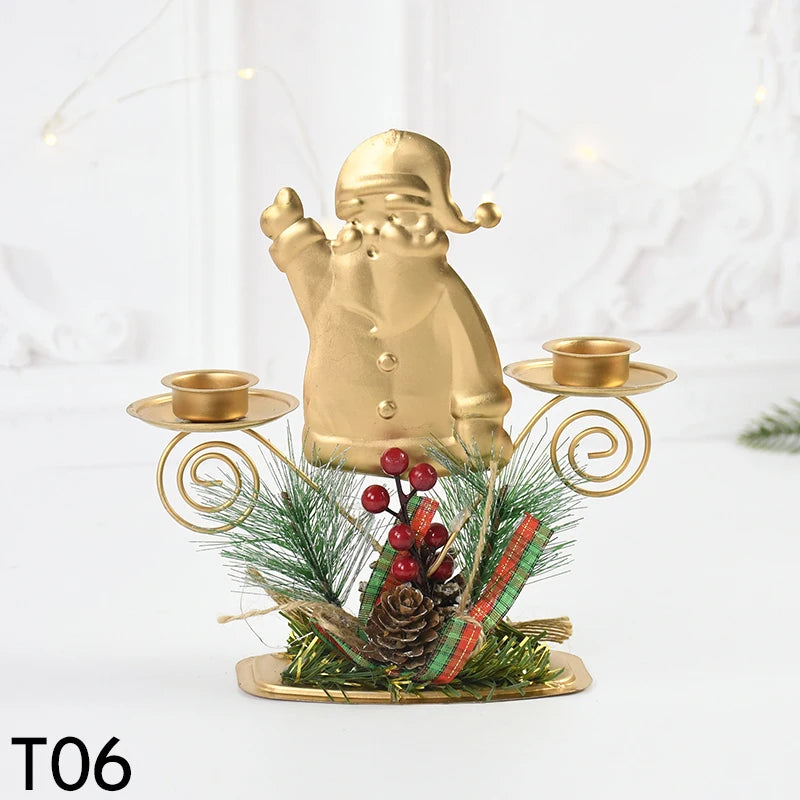 Castiçal de Vela em Ferro Dourado com Figurinos Decorativos Decoração de Natal - Loja Sem Barreiras
