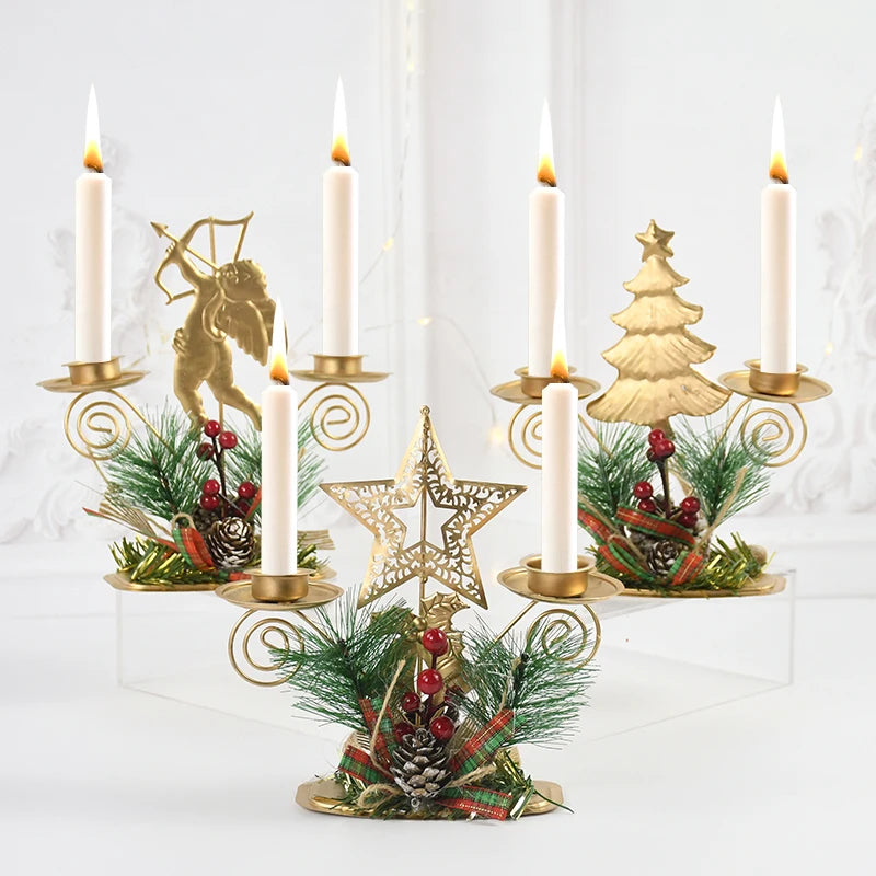 Castiçal de Vela em Ferro Dourado com Figurinos Decorativos Decoração de Natal - Loja Sem Barreiras