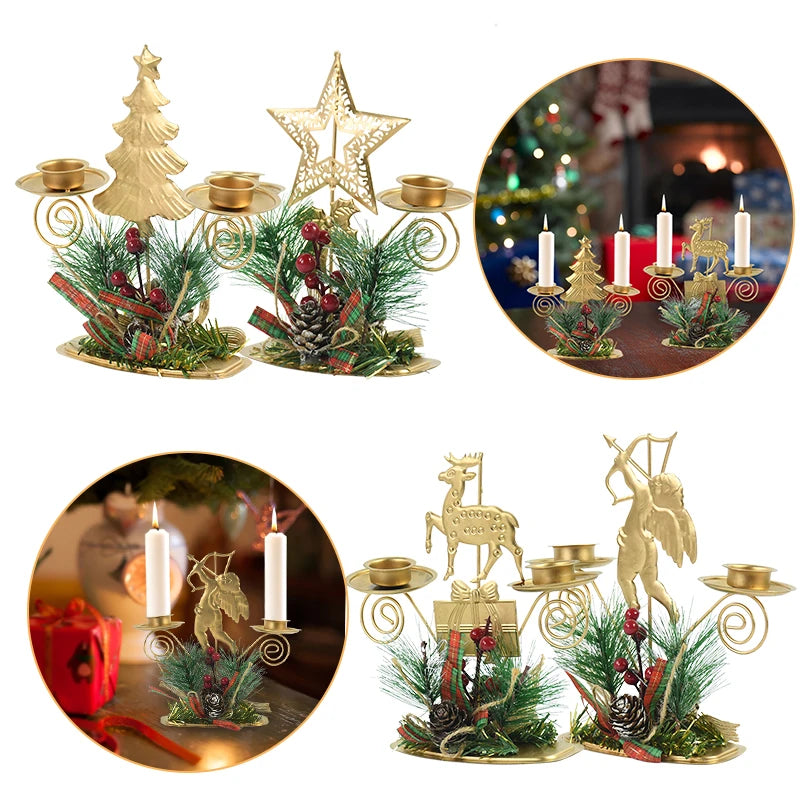 Castiçal de Vela em Ferro Dourado com Figurinos Decorativos Decoração de Natal - Loja Sem Barreiras