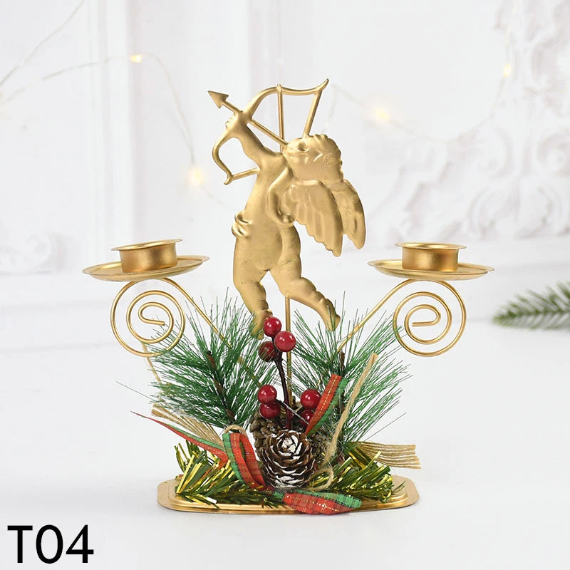 Castiçal de Vela em Ferro Dourado com Figurinos Decorativos Decoração de Natal - Loja Sem Barreiras