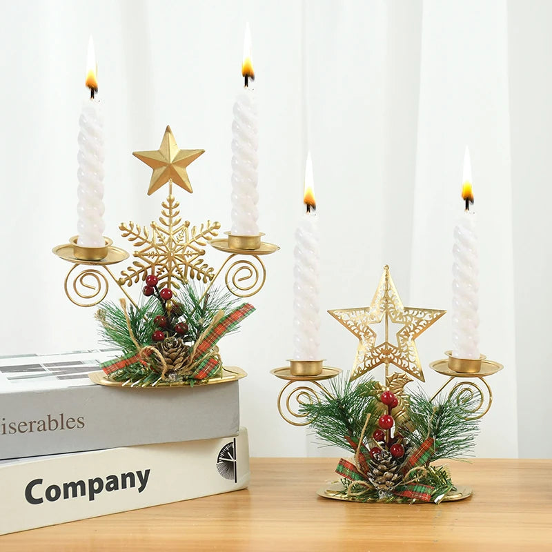 Castiçal de Vela em Ferro Dourado com Figurinos Decorativos Decoração de Natal - Loja Sem Barreiras