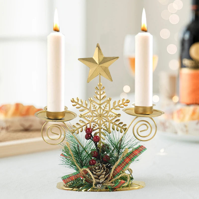Castiçal de Vela em Ferro Dourado com Figurinos Decorativos Decoração de Natal - Loja Sem Barreiras