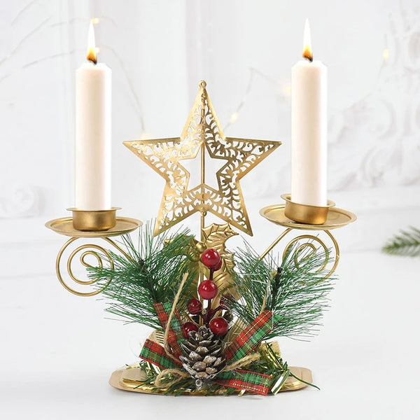 Castiçal de Vela em Ferro Dourado com Figurinos Decorativos Decoração de Natal - Loja Sem Barreiras