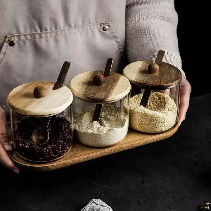 Conjunto de Potes de Vidro Tampa de Madeira - Loja Sem Barreiras