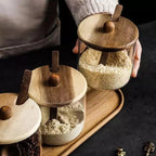 Conjunto de Potes de Vidro Tampa de Madeira - Loja Sem Barreiras