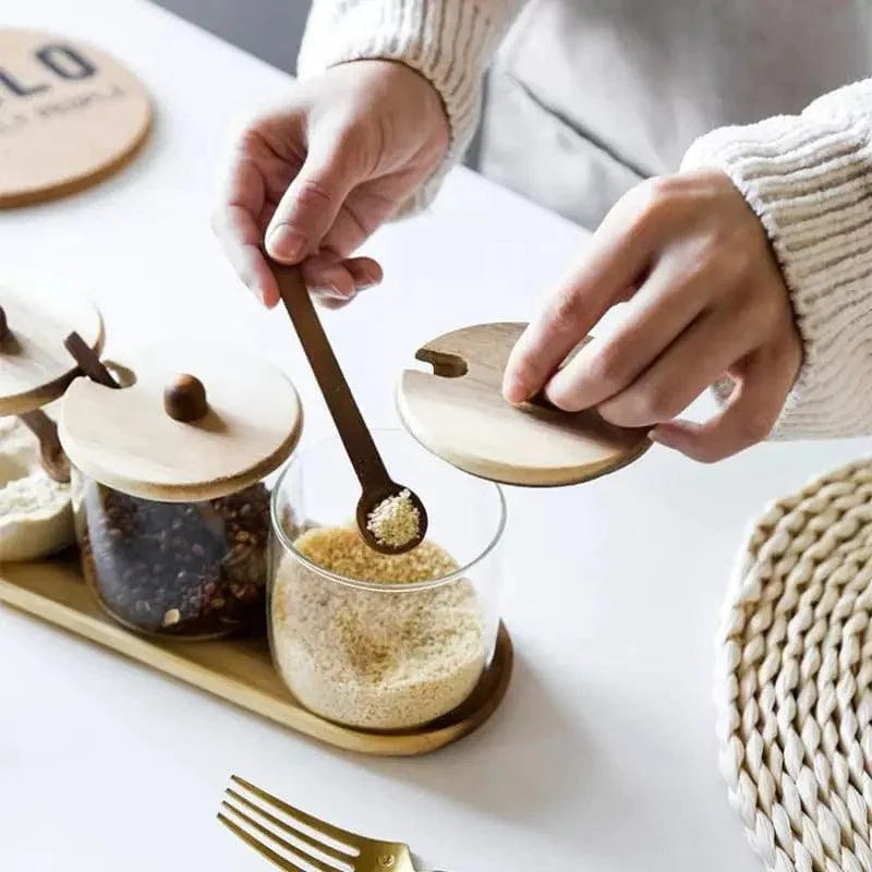 Conjunto de Potes de Vidro Tampa de Madeira - Loja Sem Barreiras