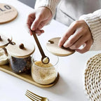 Conjunto de Potes de Vidro Tampa de Madeira - Loja Sem Barreiras