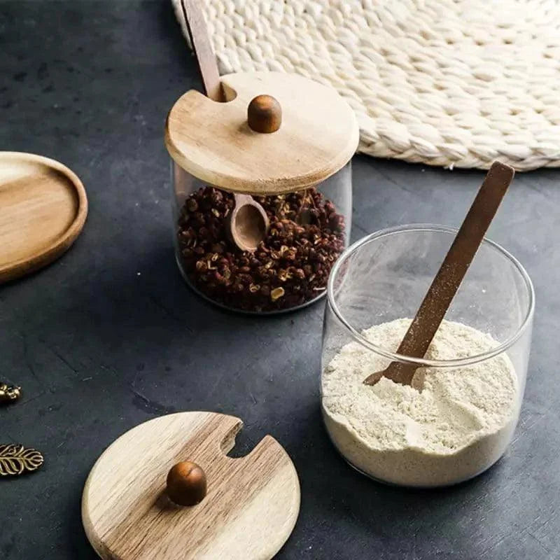 Conjunto de Potes de Vidro Tampa de Madeira - Loja Sem Barreiras