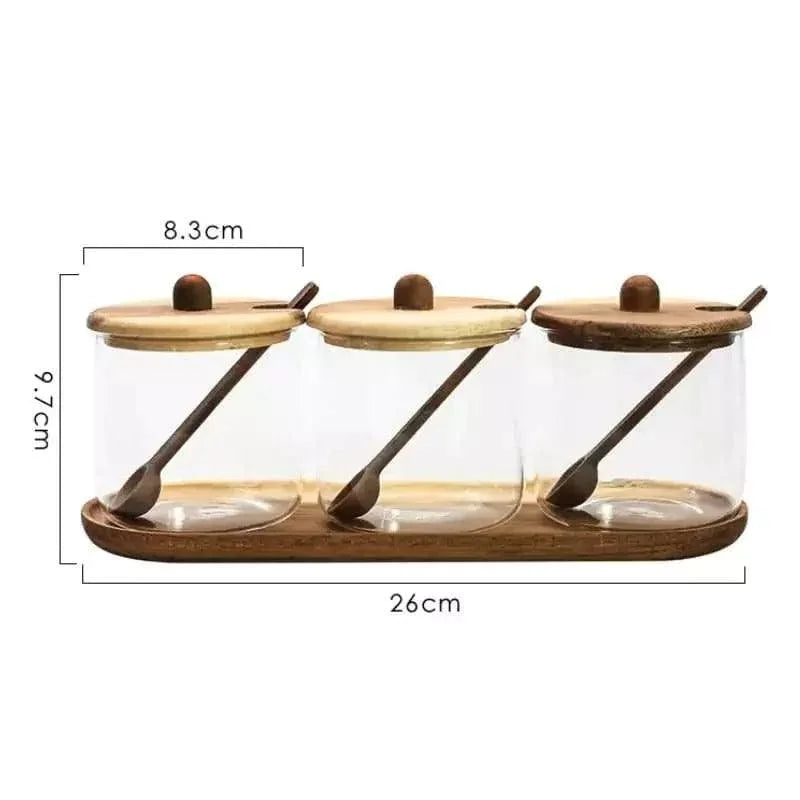 Conjunto de Potes de Vidro Tampa de Madeira - Loja Sem Barreiras