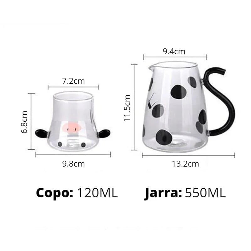 Jarra de Vidro Borossilicato com Copo Temático Vaquinha - Loja Sem Barreiras