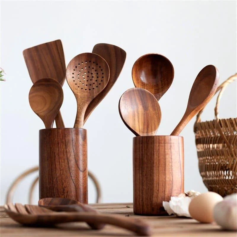 Kit Utensílios de Cozinha 7 Peças de Madeira - Loja Sem Barreiras