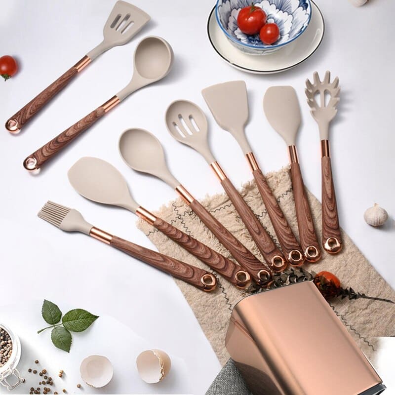 Kit Utensílios de Cozinha Silicone 10 Peças Com Organizador Rosé - Loja Sem Barreiras