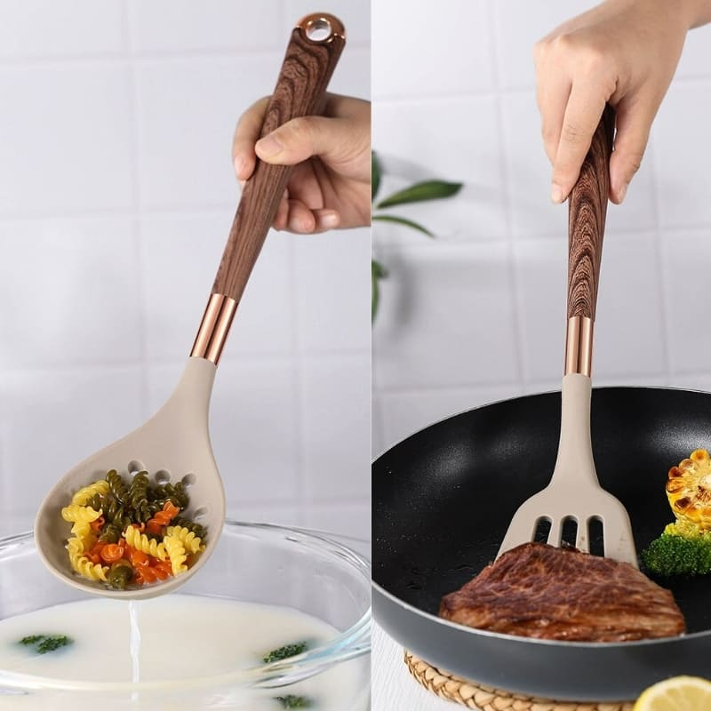 Kit Utensílios de Cozinha Silicone 10 Peças Com Organizador Rosé - Loja Sem Barreiras