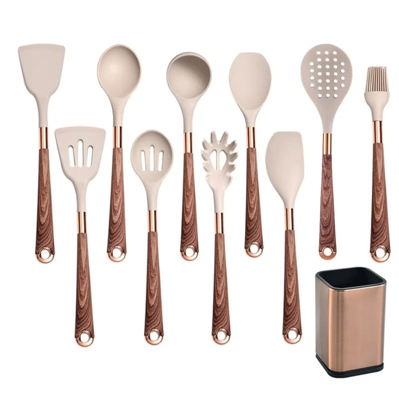 Kit Utensílios de Cozinha Silicone 10 Peças Com Organizador Rosé - Loja Sem Barreiras