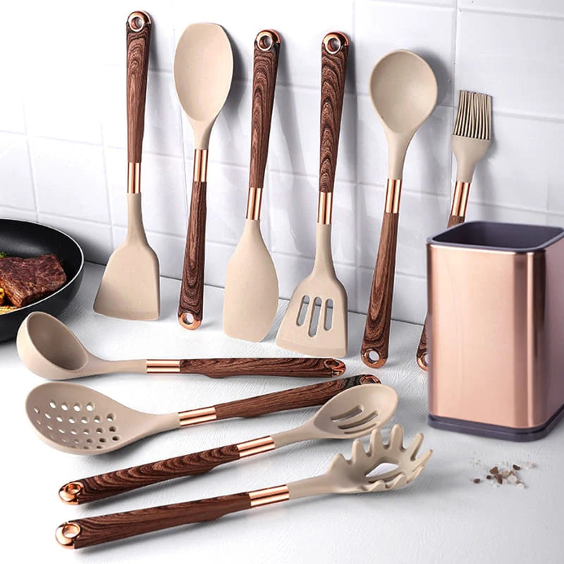 Kit Utensílios de Cozinha Silicone 10 Peças Com Organizador Rosé - Loja Sem Barreiras