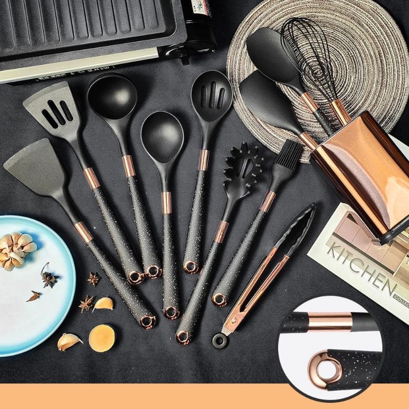 Kit Utensílios de Cozinha Silicone 10 Peças Com Organizador Rosé - Loja Sem Barreiras