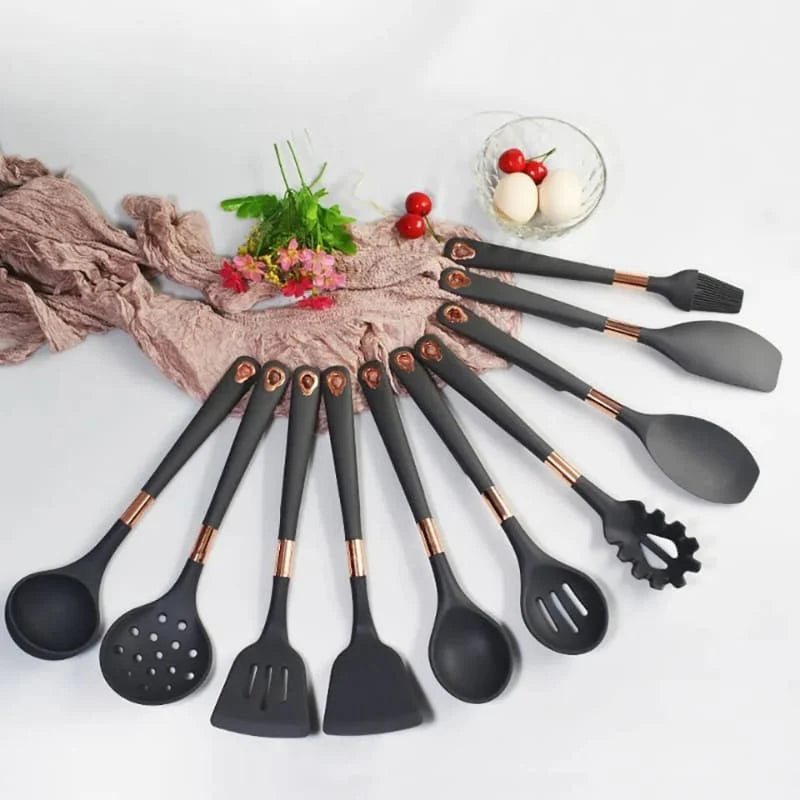 Kit Utensílios de Cozinha Silicone 10 Peças Com Organizador Rosé - Loja Sem Barreiras