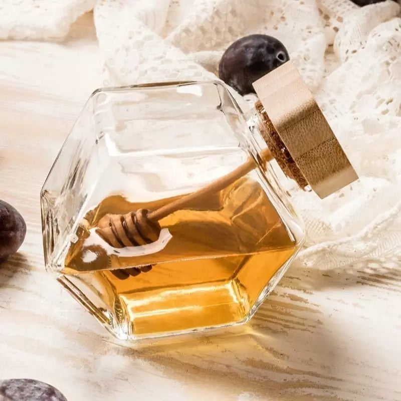 Meleira de Vidro Porta Mel com Colher e Tampa de Madeira - Loja Sem Barreiras