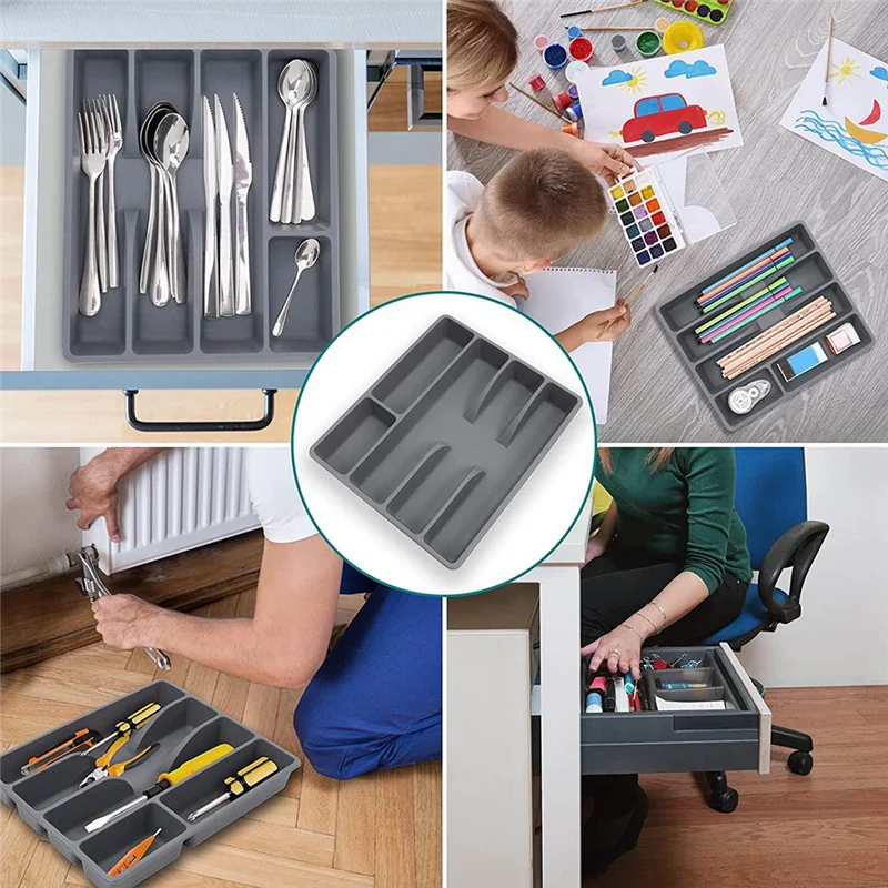 Organizador de Talheres Para Gaveta com 5 Divisórias Cinza - Loja Sem Barreiras