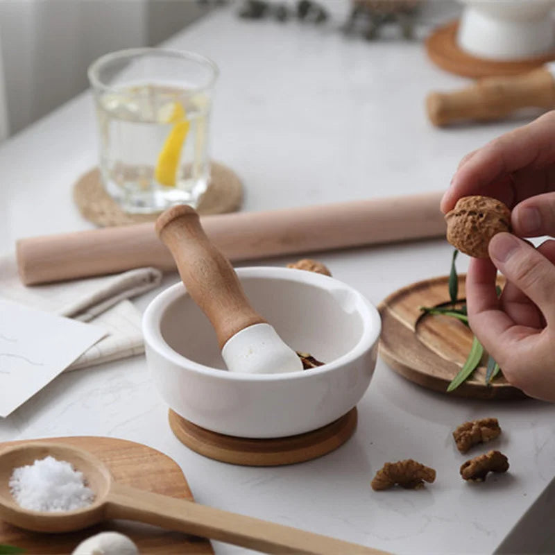 Pilão com Macerador de Cerâmica Base de Madeira - Loja Sem Barreiras