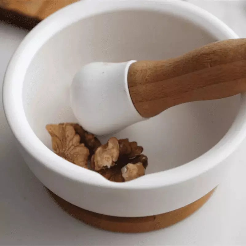 Pilão com Macerador de Cerâmica Base de Madeira - Loja Sem Barreiras