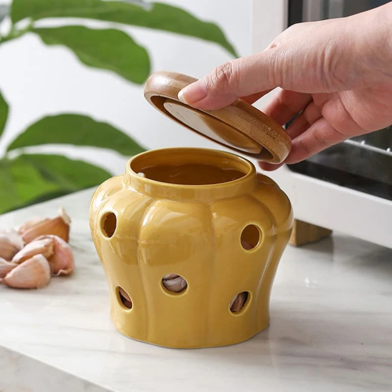 Pote Organizador de Cerâmica com Tampa de Madeira - Loja Sem Barreiras