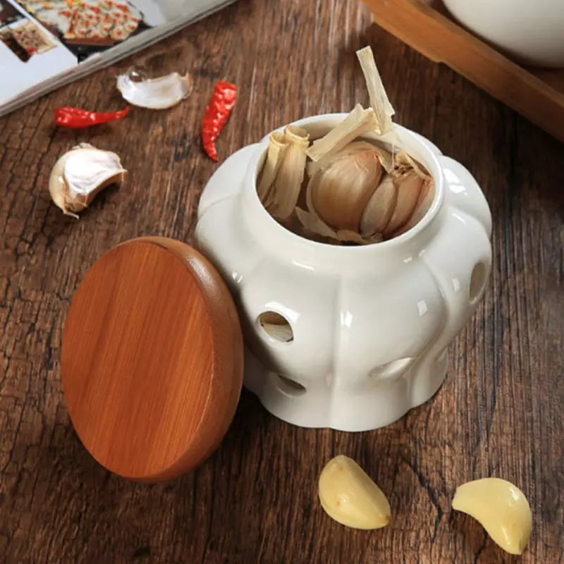 Pote Organizador de Cerâmica com Tampa de Madeira - Loja Sem Barreiras