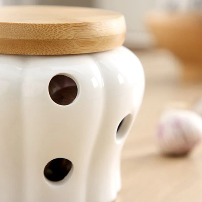 Pote Organizador de Cerâmica com Tampa de Madeira - Loja Sem Barreiras