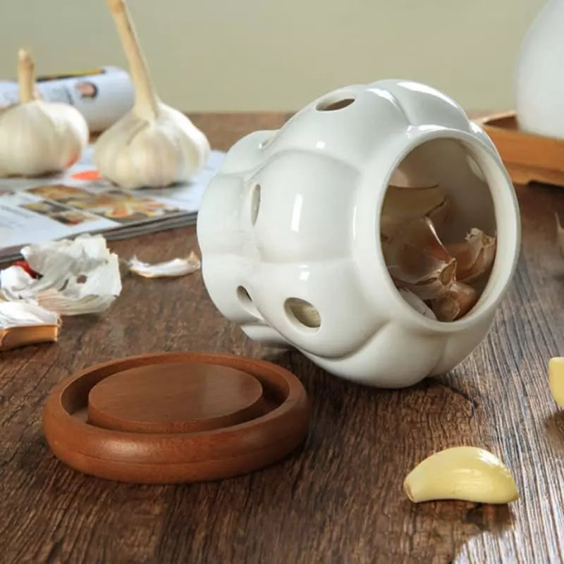 Pote Organizador de Cerâmica com Tampa de Madeira - Loja Sem Barreiras