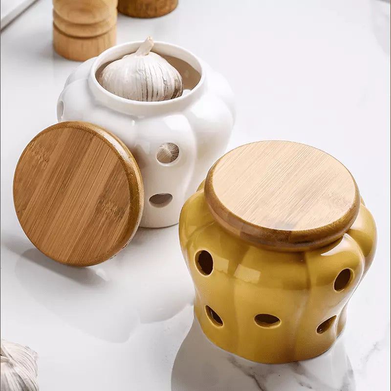 Pote Organizador de Cerâmica com Tampa de Madeira - Loja Sem Barreiras