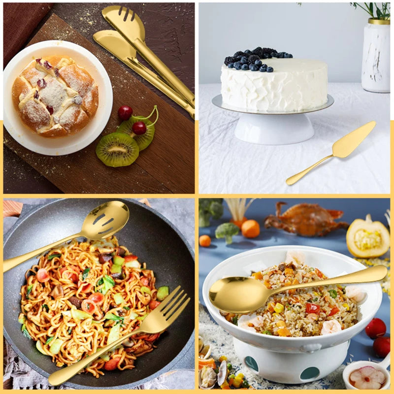 Kit Utensílios de Cozinha 6 Peças em Aço Inox Dourado e Prata